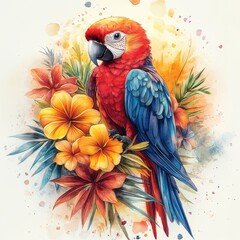 Obraz premium A vibrant parrot perched among colorful tropical flowers, showcasing nature's beauty.