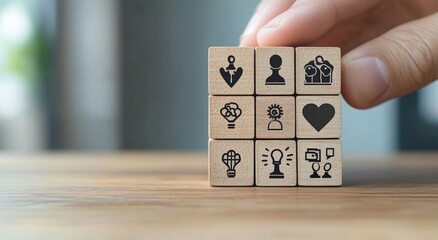 Wooden Cube Icons Representing Soft Skills Competencies for Business and Team Development