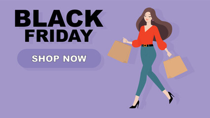 woman shopping, with shopping bags in hands, illustration