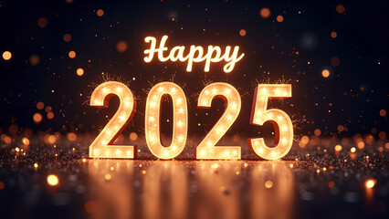 Happy New Year 2025 with glowing lights. Concept of celebration, holiday, and future.