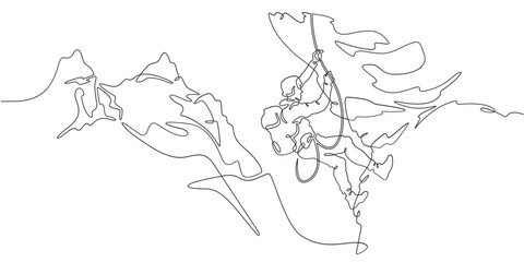 Continuous one line drawing rock climber on a rock. A climber climbs a rope over a cliff. Mountain landscape.One continuous line isolated minimal illustration.Not AI.