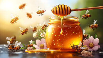 Honey dripping from jar with bees flying around, flowers and sunlight.