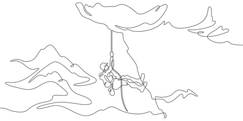 Continuous one line drawing rock climber on a rock. A climber climbs a rope over a cliff. Mountain landscape.One continuous line isolated minimal illustration.Not AI.