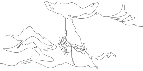 Continuous one line drawing rock climber on a rock. A climber climbs a rope over a cliff. Mountain landscape.One continuous line isolated minimal illustration.Not AI.