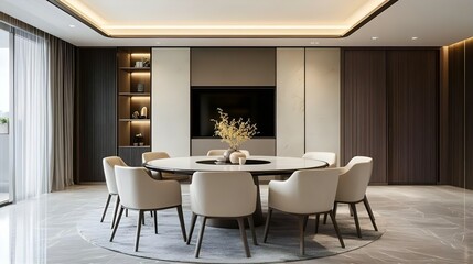 Modern dining room interior with a large round table and beige chairs, luxury dining room, contemporary interior design, round dining table,