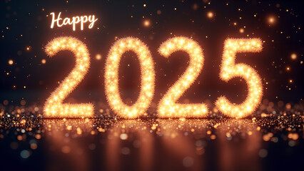 Happy New Year 2025 Glowing Numbers. Concept of celebration, holiday, and future.