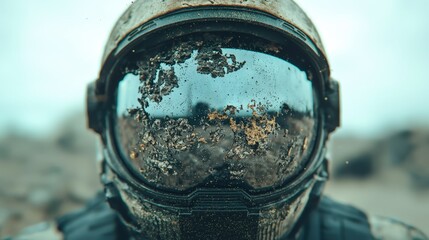 Fototapeta premium Dirty Astronaut Helmet Closeup Space Exploration Mud Grunge Texture