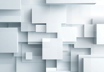 A minimalistic abstract background featuring a 3D geometric pattern of white squares and rectangles in varying sizes. Clean White Geometric Background with Abstract Cubes, Rectangles, and Crisp Edges