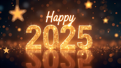 Happy New Year 2025 Gold Glitter. Concept of celebration, party, and holiday.