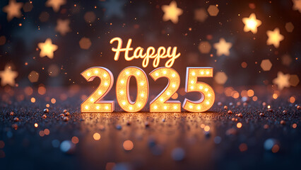 Happy New Year 2025 with glowing lights. Concept of celebration, holiday, and future.