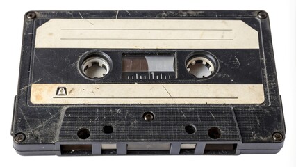 Fototapeta premium An isolated close-up of a scratched cassette tape, tape flaw, magnetic head damage, audio tape defect