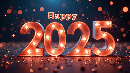 Happy New Year 2025 with illuminated numbers. Concept of celebration, party, and holiday.