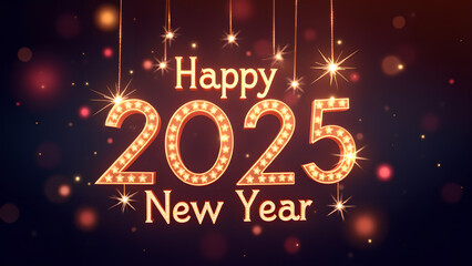 Happy New Year 2025 Celebration. Festive design with glowing lights.