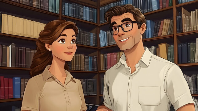 Smiling couple standing in a library, looking at each other.