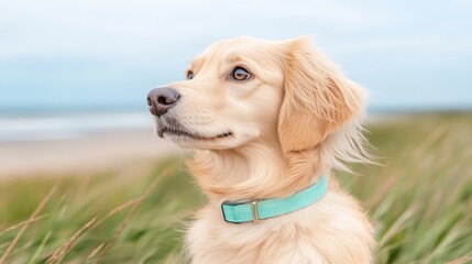 Golden Retriever Puppy Beach Portrait  Cute Dog  Ocean View  Coastal Pet