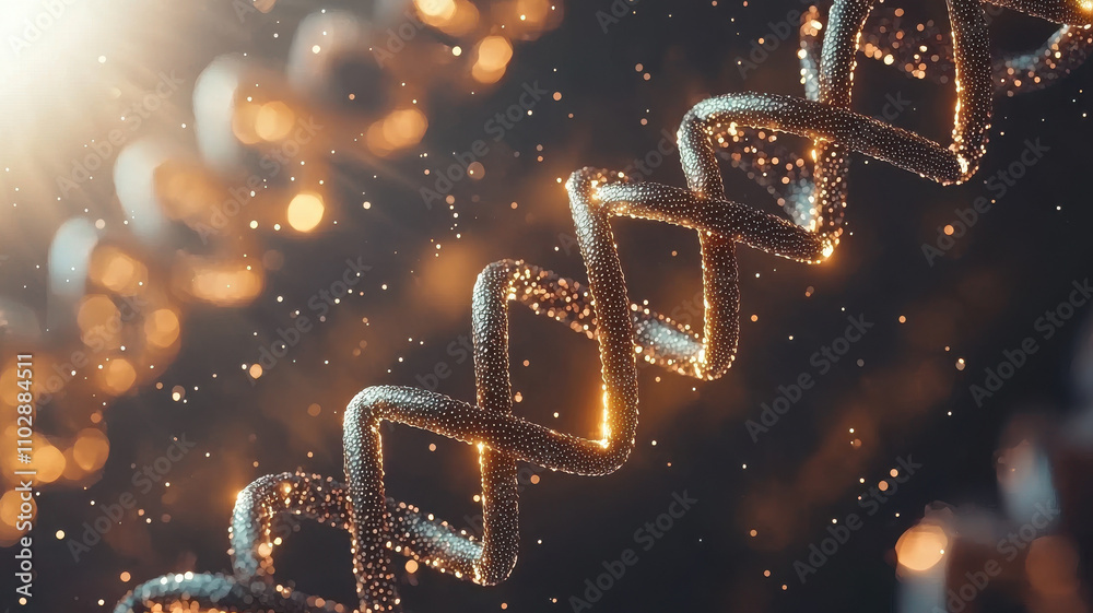 Poster abstract illustration of dna strands with highlighted glowing particles, creating dynamic and futuri