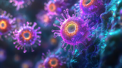 Fototapeta premium Colorful digital art of microscopic pathogens with vibrant textures and glowing details, showcasing surreal and intricate representation of microscopic life forms