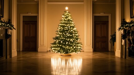 Minimalist Christmas Living Room, elegantly adorned space with a simple tree illuminated by white lights, enveloped in soft neutral tones for a tranquil holiday setting
