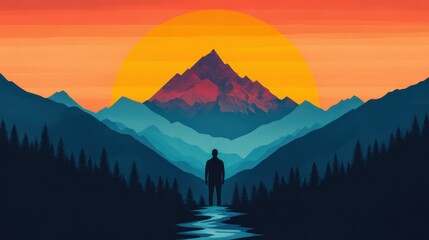 Finding your own identity and path in life. Continuous self-development. A person standing as a mountain, with rivers and forests running across their body