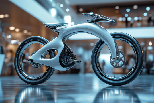 A detailed 3D model of a futuristic bicycle with sleek lines and advanced materials, set in a modern showroom