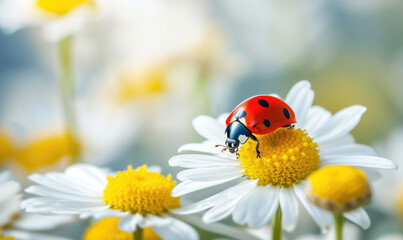 Obraz premium Ladybug on the chamomiles flower, spring background