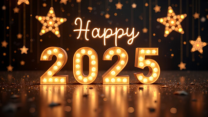 Happy New Year 2025 with glowing lights. Festive celebration concept.