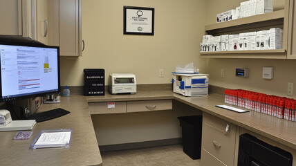 Naklejka premium laboratory setup with blood sample trays, test tubes, and medical equipment on countertops, creating organized and clinical environment