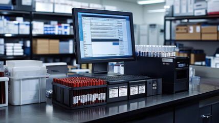 laboratory setup with blood sample trays and computer displaying data, surrounded by various lab equipment and storage boxes, creating professional and organized environment