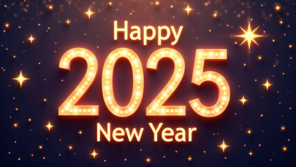 Happy New Year 2025 with golden lights. Festive celebration concept.