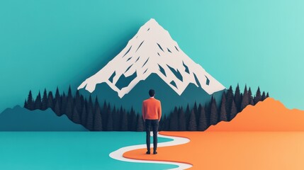 Finding your own identity and path in life. Continuous self-development. A person standing as a mountain, with rivers and forests running across their body