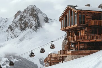 Cozy mountain chalet and ski lift in snowy alpine landscape