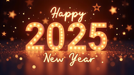Happy New Year 2025 with glowing lights. Concept of celebration, party, and holiday.