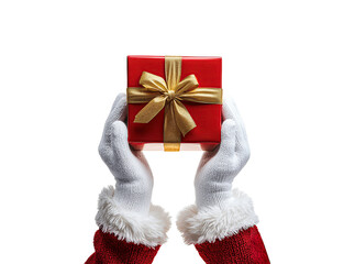 Santa Claus hand holding red gift box on PNG transparency background for Christmas concept 