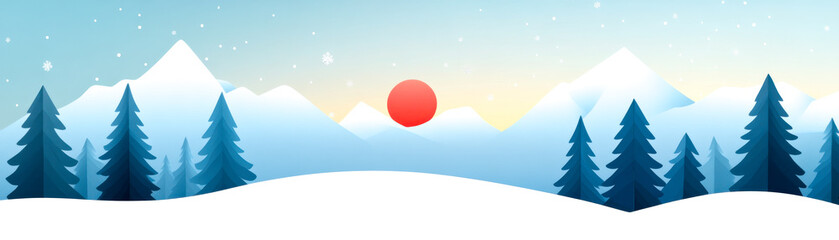 Obraz premium A serene winter landscape featuring snow-covered mountains, evergreen trees, and a bright red sun rising above the horizon.