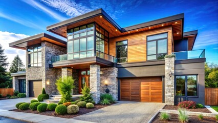 Obraz premium Stunning Macro Photography of a Modern Two-Story Home with Lush Landscaping and Architectural Details, Perfect for Real Estate and Home Design Inspiration