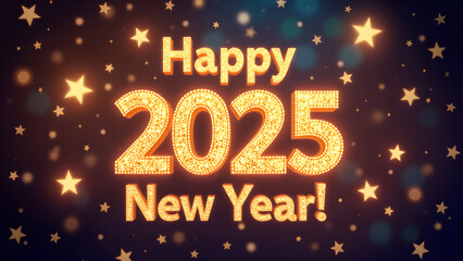 Happy New Year 2025 with golden glitter text and stars. Concept of celebration, holiday, and party.