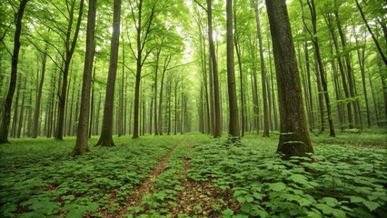 Obraz premium A serene and peaceful forest scene with tall trees and a carpet of green leaves, landscape, woods, tree foliage, forest scenery, tree foliage