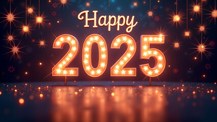 Happy New Year 2025 with glowing lights. Concept of celebration, party, and holiday.