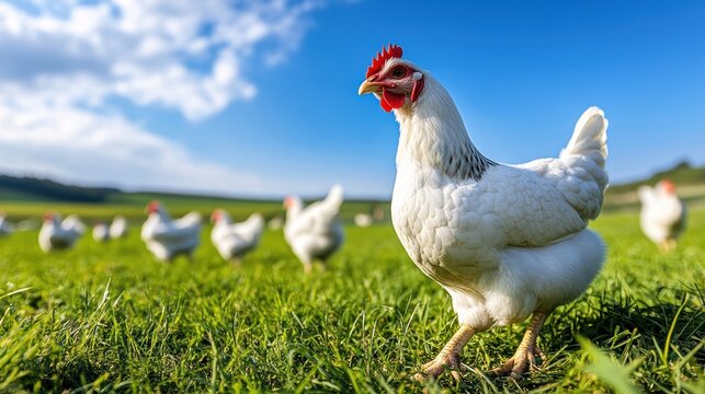 A white broiler chicken looks directly and inquisitively, as if looking and searching for something.