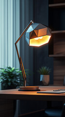 A detailed 3D model of a modern desk lamp with a geometric design and metallic finish, casting a soft glow on a minimalist workspace