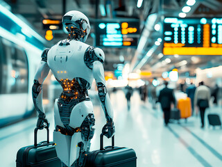 AI-Generated image of A robot is walking down a train station with a suitcase. The robot is white and has a metallic appearance. The scene is set in a busy train station with people walking around and