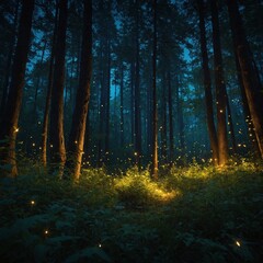 Naklejka premium A magical mountain forest with fireflies glowing softly among the trees.