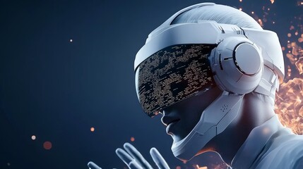 A futuristic figure wearing a high-tech visor, immersed in a digital environment.
