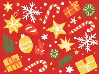 AI-Generated image of A red background with a lot of Christmas decorations. There are many stars, snowflakes, and candy cane decorations