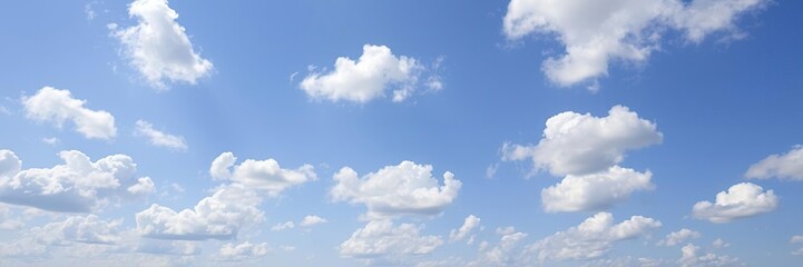 Obraz premium A serene blue sky with puffy white clouds drifting lazily across the horizon, creating a sense of tranquility and peacefulness, sky, vast, airy