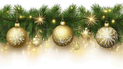 Elegant Golden Christmas Ornaments on Festive Green Pine Branches