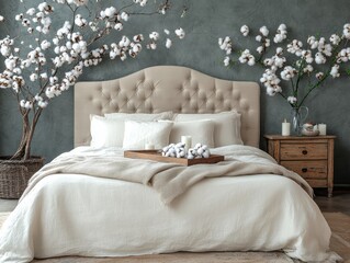 Cozy contemporary bedroom with slate gray walls and plush bedding