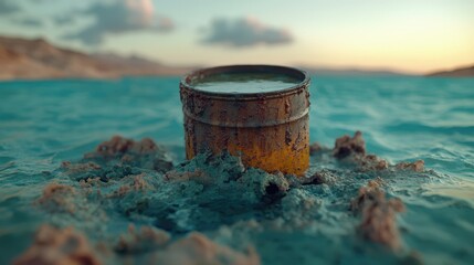 Naklejka premium Rusty Oil Barrel in Polluted Ocean Water Environmental Disaster