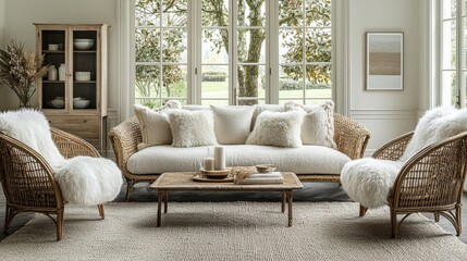 Cozy scandinavian living room with rattan furniture and soft textiles in bright natural light