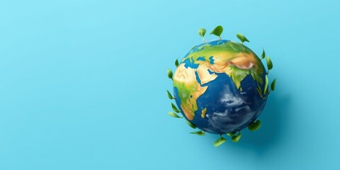 A minimalist and clean banner featuring an eco-friendly planet with greenery and blue oceans,...